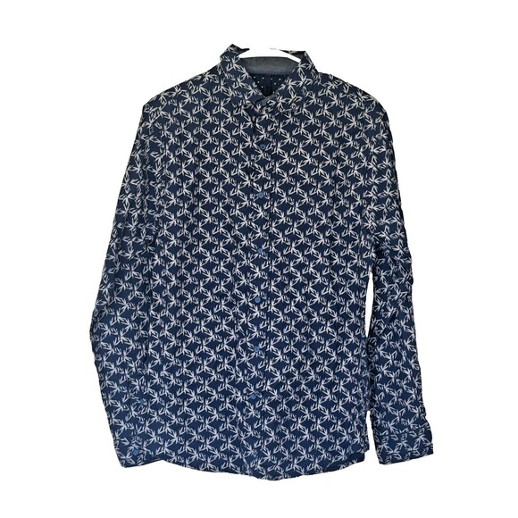 Smash Mens Shirt Small Button Up Blue Bamboo Print Long Sleeve Flip Cuffs RP $75 - Picture 3 of 9